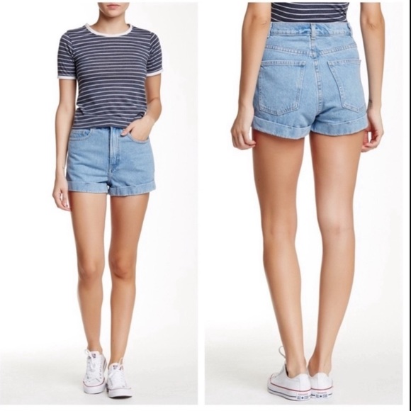 American Apparel High Rise Hi Waisted Denim Cuffed Jean Shorts Summer Wash Blue - Picture 9 of 11